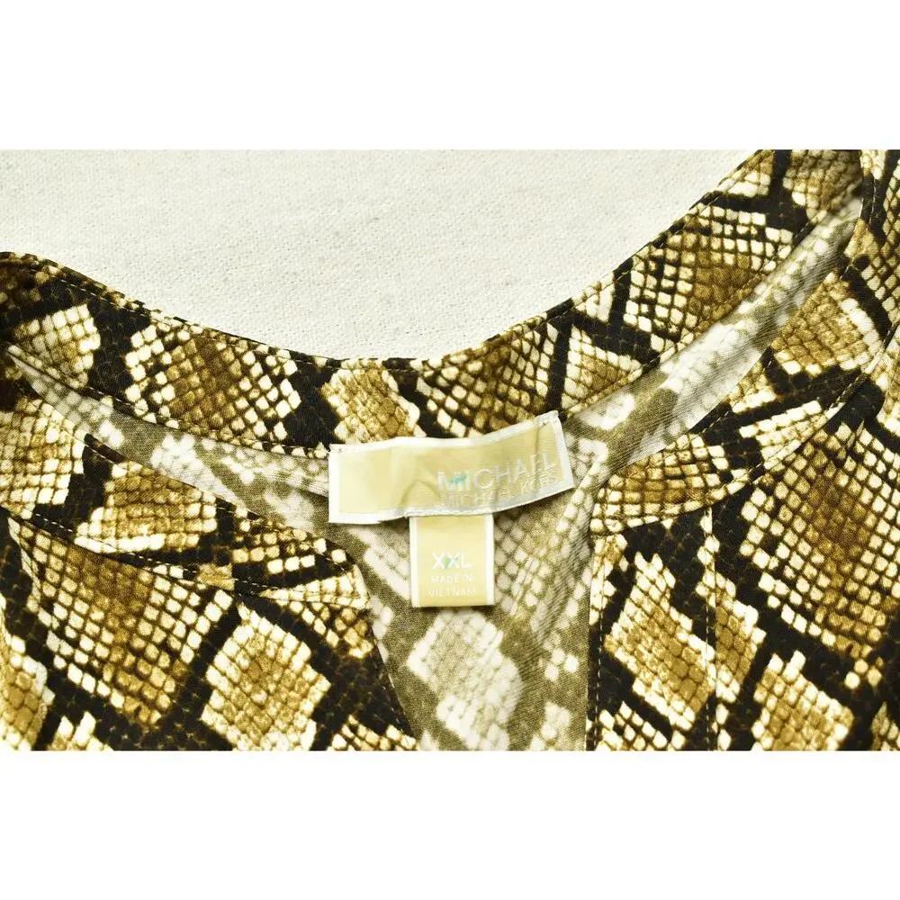 Michael Kors Women's XXL Snakeskin Print V-Neck Blouse 3/4 Sleeve with Gold Tone